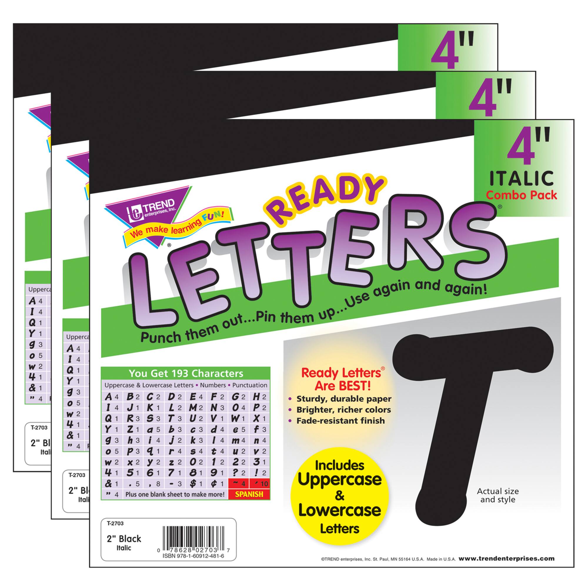 TREND Enterprises® Black 4" Italic Uppercase/Lowercase Ready Letters® Combo Pack, 3 Packs of 582